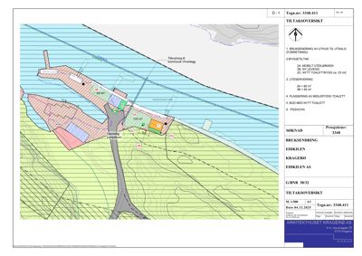 Situasjonsplan som viser tomtens beliggenhet, omgivende infrastruktur (vei, vann), eksisterende og planlagte bygninger med arealoppdelinger, samt tiltaksoversikt.