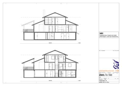 Tegning som viser tverrsnitt gjennom en bygning (Snitt A og Snitt B) med romfordeling, dører, vinduer og høydemål.
