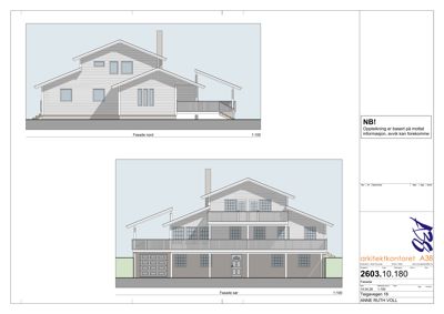 Fasadetegning som viser bygningens utsyn mot nord og sør.