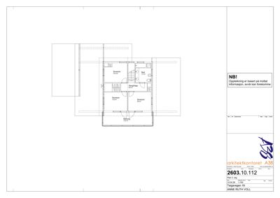 Etasjeplan for 2. etasje som viser romfordeling, arealer og plassering av trapp og balkong.