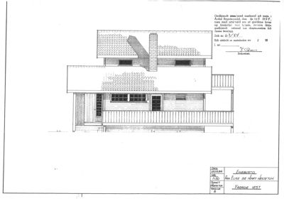 Fasadetegning av en bygning sett fra vest, med tegningstittel 'FASADE VEST' i bunnen.