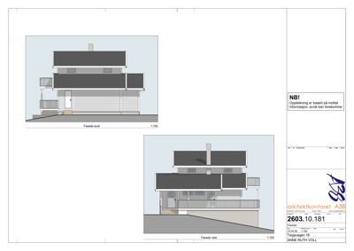 Fasadetegning som viser bygningens utseende fra øst og vest.
