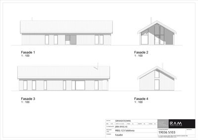 Søknadstegning som viser fire ulike fasader (Fasade 1-4) til en bygning i tegning.