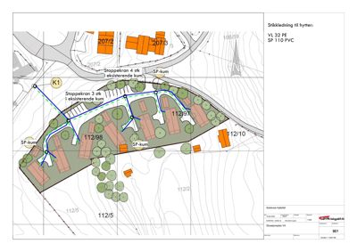 Situasjonsplan som viser rørføringsplan for stoppekraner og SP-kummer i forhold til eksisterende og nye hytter.
