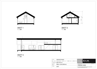 Tegning som viser tre snitt (SNITT 1, 2 og 3) gjennom en bygning med mål og detaljer.
