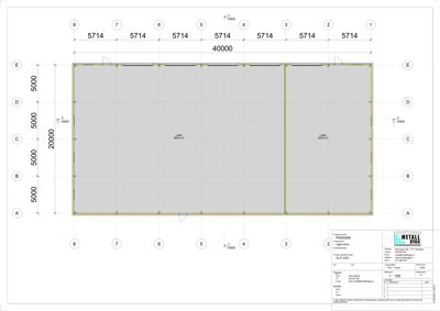 Etasjeplan eller grunnplan som viser romfordeling, dimensjoner (40x20 meter) og konstruksjonsdetaljer for en metallhall.