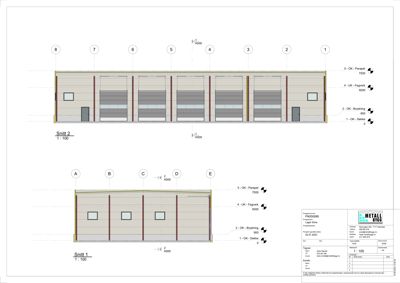 Snittegning (Snitt 1 og Snitt 2) som viser bygningens tverrsnitt, inkludert konstruksjonsdetaljer og materialer.