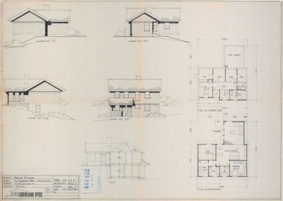 En tegning som viser fasadeoppsett (fra fire sider) og et snitt av en bygning.