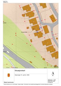 Situasjonskart som viser tomtens beliggenhet i forhold til nabolag, vei og terrengforhold.