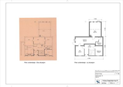 Bildet viser to plantegninger av en bolig: en eksisterende situasjon (venstre) og en ny situasjon med endringer (høyre). Begge viser romfordeling, arealer og dimensjoner for underetasjen.
