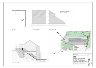 Bildet viser en fasadetekning (Fasade Øst) med mål og oppriss, samt en situasjonsplan med bygningens plassering.