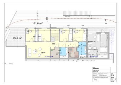 Etasjeplan (1. Etasje) som viser romfordeling, arealer og dimensjoner for en leilighet.
