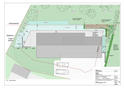 Situasjonsplan som viser bygningens plassering på tomten, tilstøtende vegger, terrengforhold og nærmiljø.