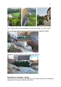 Fotografier av en mur, terrasse og støttemur sett fra naboens side, inkludert tekster om henvendelser og nabovarsel.