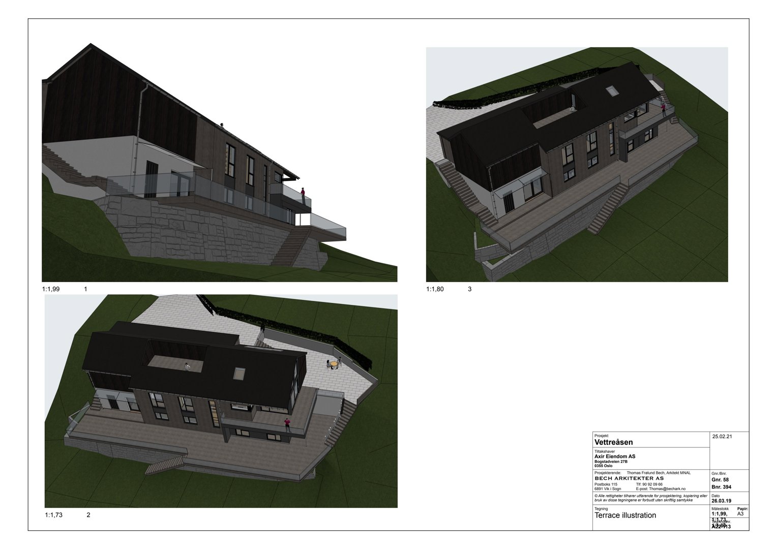 3D-visualisering av en bolig med terrasser og fasade, inkludert snittvisning.