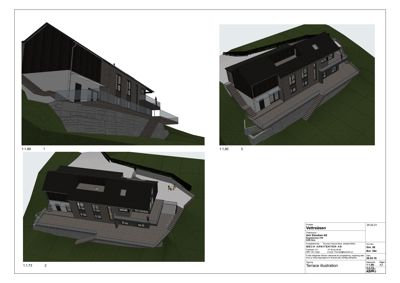 3D-visualisering av en bolig med terrasser og fasade, inkludert snittvisning.