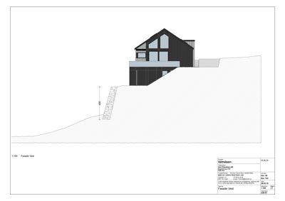 Fasadetegning av bygningen sett fra vest, som viser utvendig profil og høydeforskjeller.