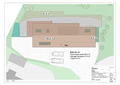 Etasjeplan (1. etasje) som viser romfordeling, areal (183,6 m²) og terrasse (41,4 m²).