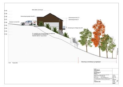 Fasadetegning som viser bygningens utseende sett fra øst, inkludert terrengforhold, høydekonturer og vegetasjon.