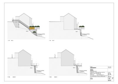 Bildet viser fire snittegninger (Snitt 0-3) av en bygning med angitte målestokk og detaljer om landskap og veggløsning.