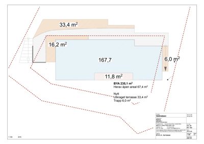 Etasjeplan eller situasjonsplan som viser arealoppdelinger og romfordeling for en terrasse (BYA m. terrasse).