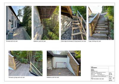 En samling av seks fotografier som viser terrasser, trapper og støttemurer i et utendørs miljø.