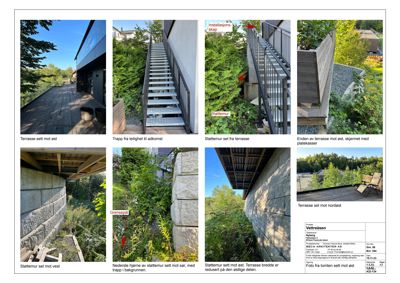 En samling av seks fotografier som viser ulike vinkler av en terrasse, trapp og støttemur i en byggesak.