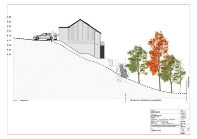 Fasadetegning som viser bygningens utseende sett fra øst, inkludert terrengforhold og beplantning.