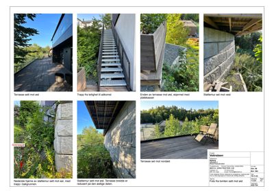 En samling av seks fotografier som viser ulike deler av en terrasse og trapp, inkludert tekster som beskriver hver enkelt bilde.