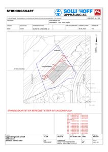 Stikningskart som viser eiendomsgrenser, naboeiendommer og koordinatsystem for en byggesak.