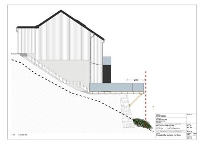 Fasadetegning som viser bygningens utseende sett fra øst, inkludert terrassering og terrengforhold.