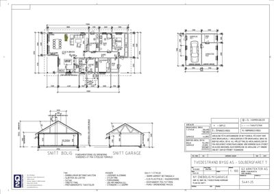 Bildet viser en tegning med etasjeplan for bolig og garage, samt snittegninger og tekniske opplysninger om konstruksjon.