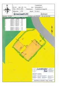 Situasjonsplan som viser tomtens form, grenser og plassering i forhold til nabolag.