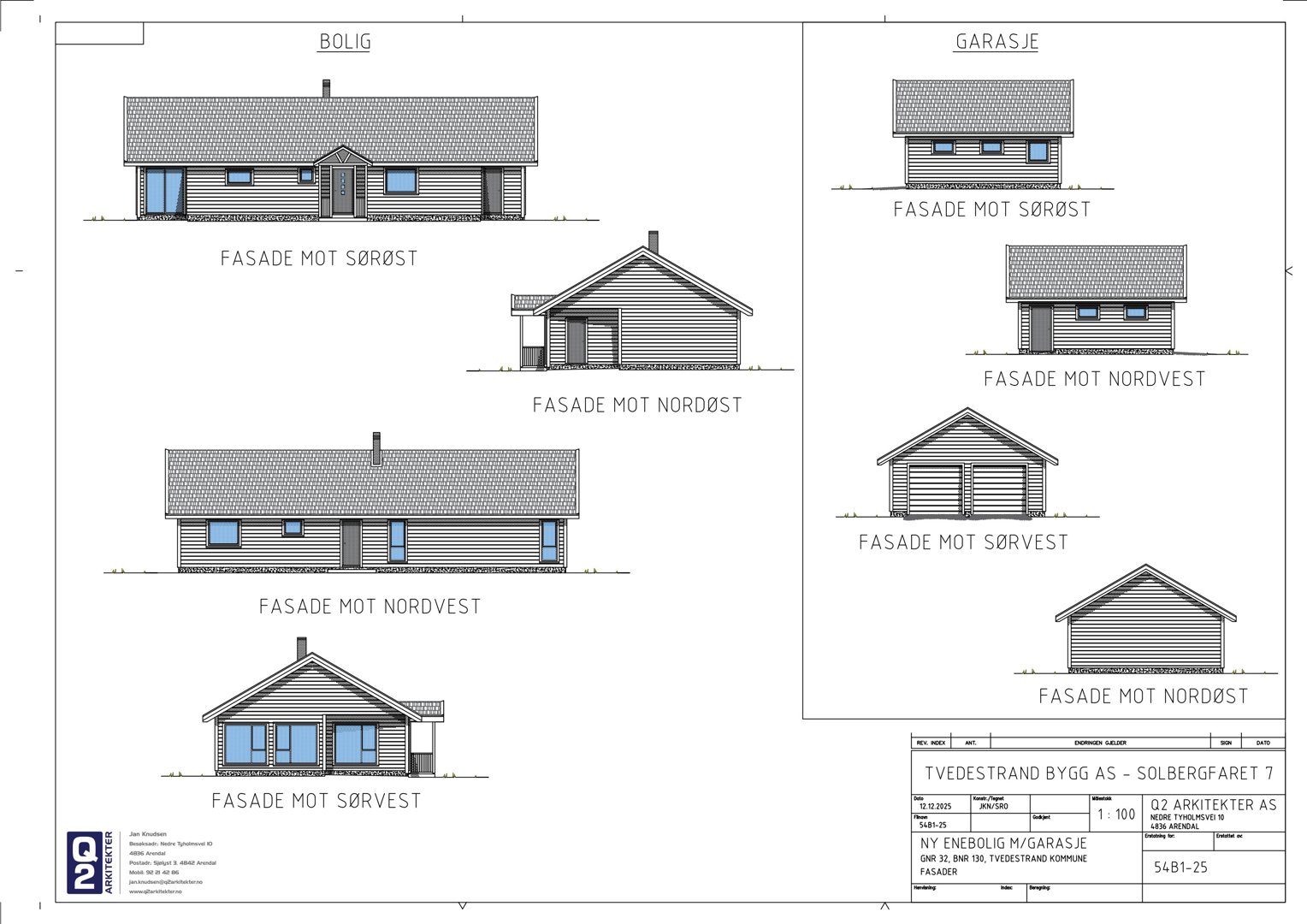 Fasadetegning som viser utsiden av en bolig og en garasje sett fra ulike vinkler (sørøst, nordøst, sørvest, nordvest).