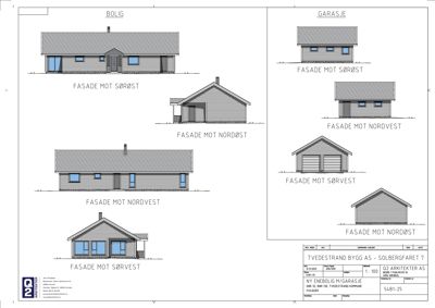 Fasadetegning som viser utsiden av en bolig og en garasje sett fra ulike vinkler (sørøst, nordøst, sørvest, nordvest).