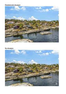 Fotografier som viser to situasjoner: 'Eksisterende situasjon' og 'Ny situasjon' av et kystområde med hus og natur.
