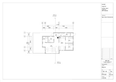 Etasjeplan (Plan 01) som viser romfordeling, dimensjoner og areal for en leilighet.