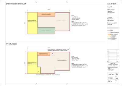 Situasjonsplaner som viser eksisterende og ny situasjon for en bygning, inkludert arealoppdelinger og endringer i tomtebruken.