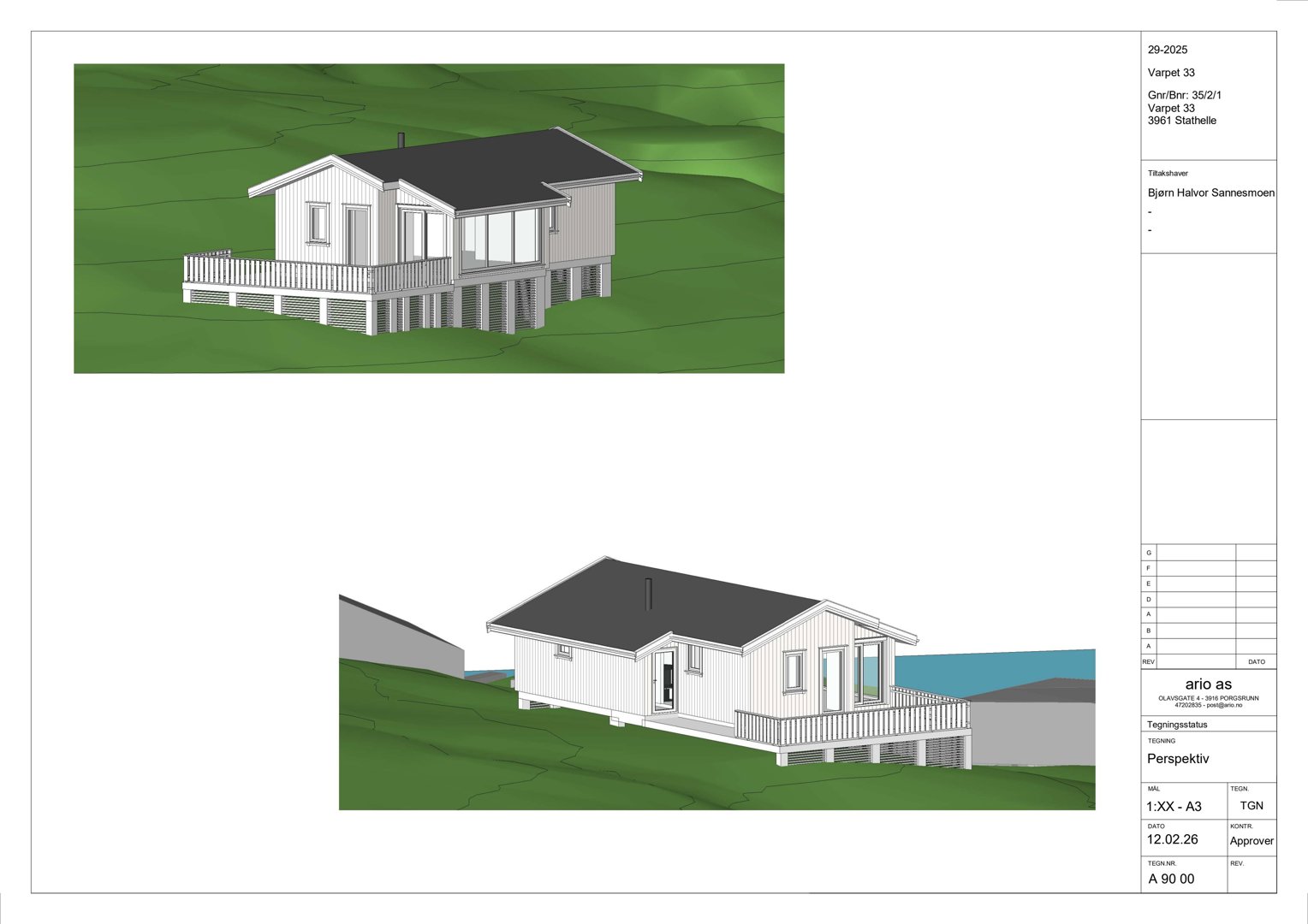 3D-visualisering (perspektivtegning) av en planlagt hytte sett fra to ulike vinkler.