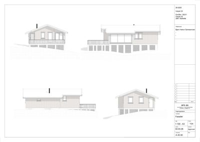 Fasadetegning som viser bygningens utseende fra fire ulike vinkler (front, side, bak og en annen side).
