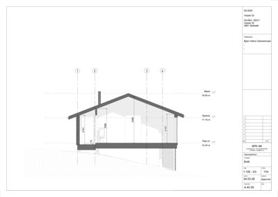 Snittegning som viser tverrsnittet av en bygning med angitte høyder og nivåer.