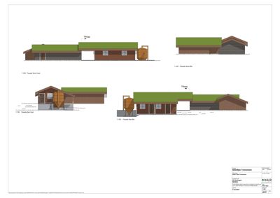 Fasadetegning som viser bygningens utseende fra fire ulike vinkler (Nord-Vest, Nord-Øst, Sør-Vest og Sør-Øst).