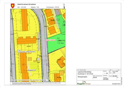 Situasjonsplan som viser tomt, bygninger, vegger og arealbruk