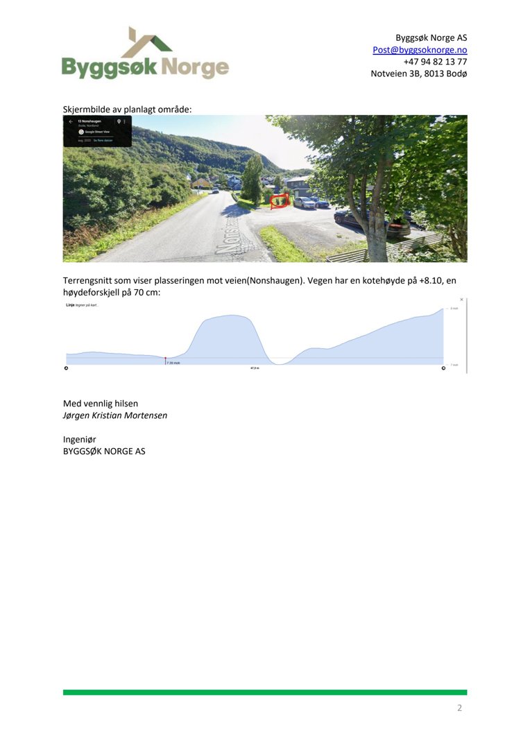 Et fotografi av et planlagt område med en vei og parkeringsplass, inkludert et terrengsnitt som viser høydeforskjeller.