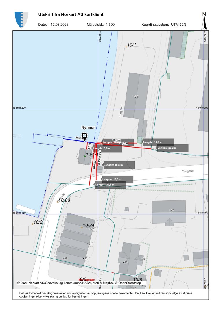 Kartutsnitt (Norkart) som viser eiendomsgrenser, eiendomsnummer (f.eks. 10/1, 10/83), og en planlagt ny mur med angitte lengder.