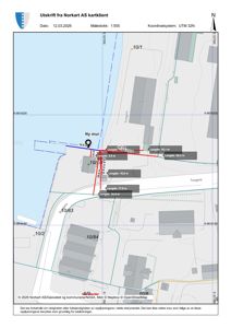 Kartutsnitt (Norkart) som viser eiendomsgrenser, eiendomsnummer (f.eks. 10/1, 10/83), og en planlagt ny mur med angitte lengder.