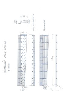 Tegning som viser detaljert oppbygning av en murvegg (fastbryggvegg) med mål, materialer og konstruksjonsdetaljer.