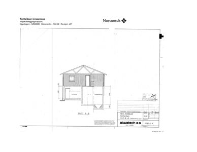Snittegning (Snitt B-B) av en bygning med angitte mål og konstruksjonsdetaljer.