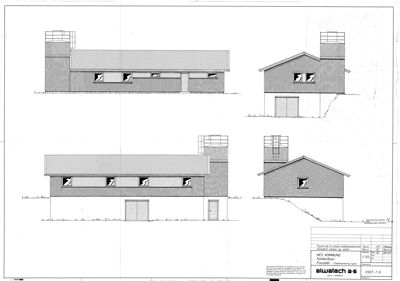 Fasadetegning som viser bygningens utsyn fra fire ulike vinkler (front, side, bak og en annen side).