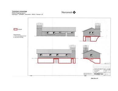 Fasadetegning som viser bygningens utvendige utseende med markerte områder for asbestprøvetaking.